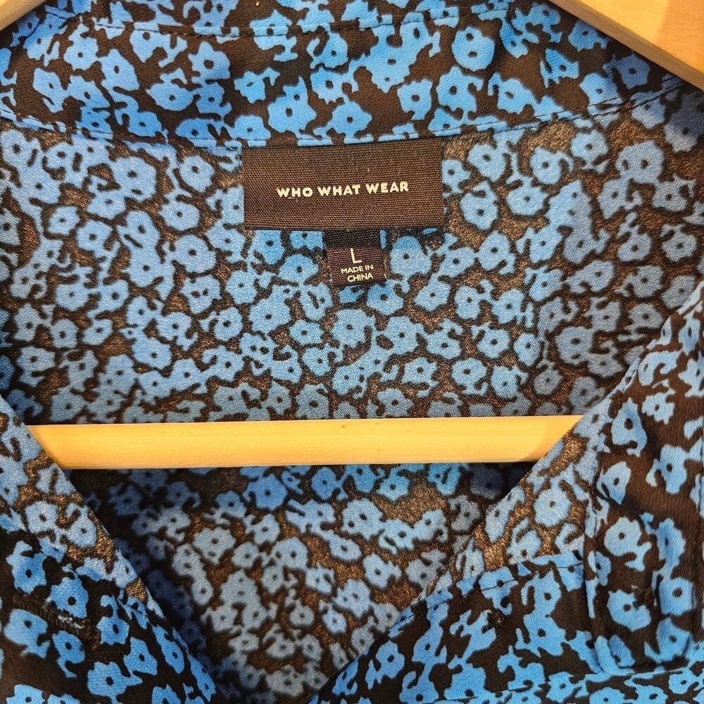 Who What Wear Blue Black Flower Ditsy Long Sleeve Blouse Collared Size Large - Picture 9 of 10